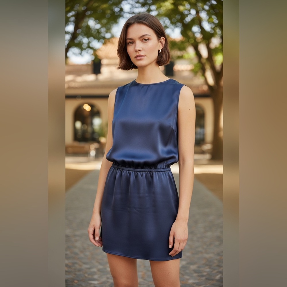 Amanda Uprichard New York 100% Silk Navy Blue Dress Women’s S/M Asymmetrical Hem